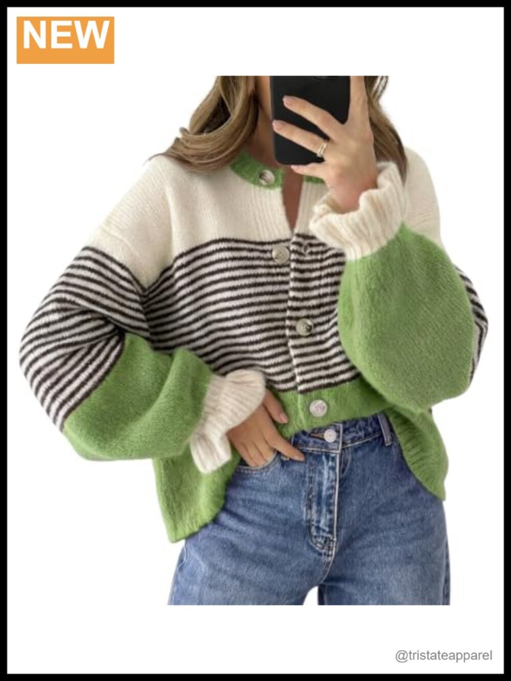 Striped Ruffle Sleeve Cardigan Women's Loose Fit Button Up Fall Knit Sweater